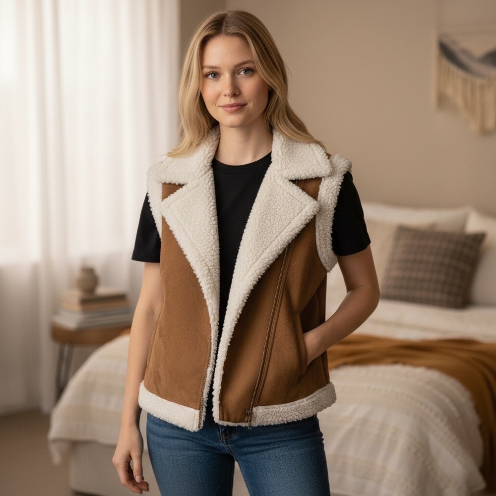 Old Navy Tan Vest‎ with White Sherpa Lining